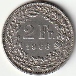 Pièce de Monnaie Suisse 2 francs Helvetia debout 1968 B