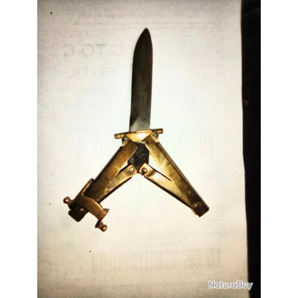 ancien couteau pantographe debut 20 eme en laiton et acier ouvert 14 cm