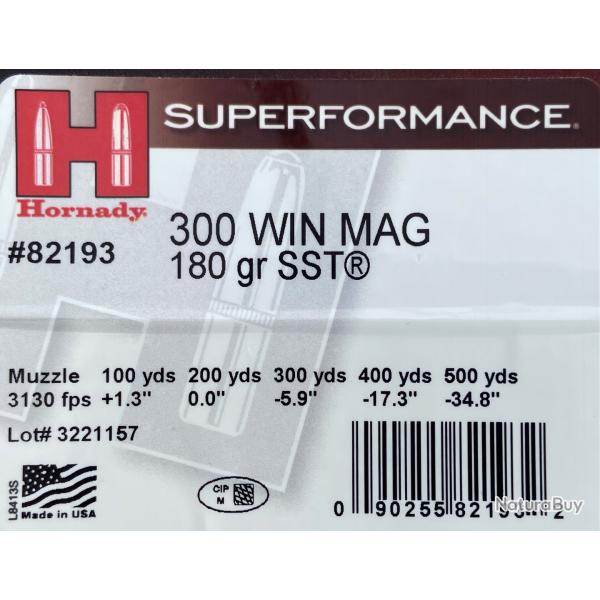 300 Win.Mag. Hornady 12 cartouches 180 gr SST