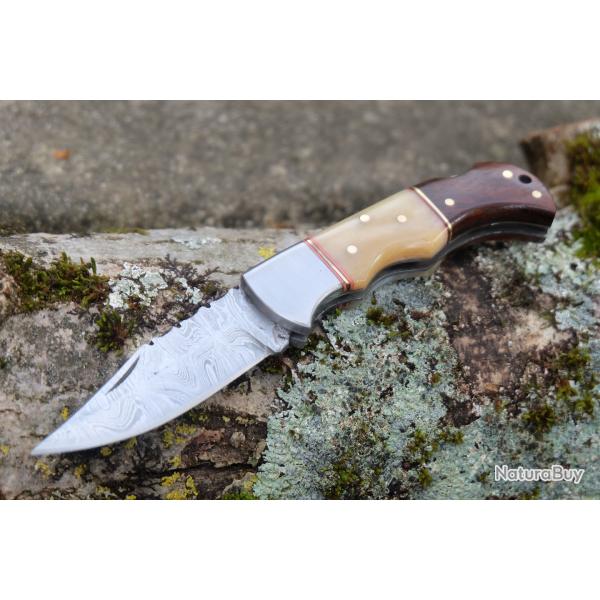 Couteau Lame Damas 128 Couches Manche Os & Bois Faon Buck 112 Fabrication Artisanale Lockback