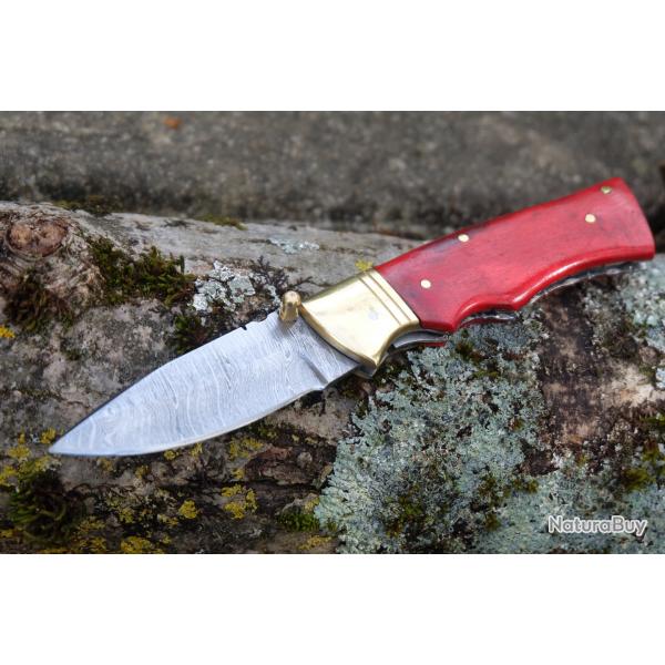 Beau Couteau Damas Lame 128 Couches Manche Bois Rubis Fabrication Artisanale Linerlock 001