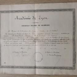 Diplôme certificat d'examen de grammaire 1871 académie de Lyon