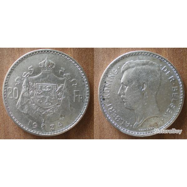 Belgique 20 Francs 1934 Argent Piece Francs