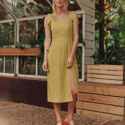 Robe longue dos nu à smocks en lin pour femme 2XL jaune soleil