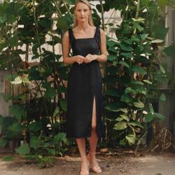 Robe longue dos nu à smocks en lin pour femme noir  M (médium)