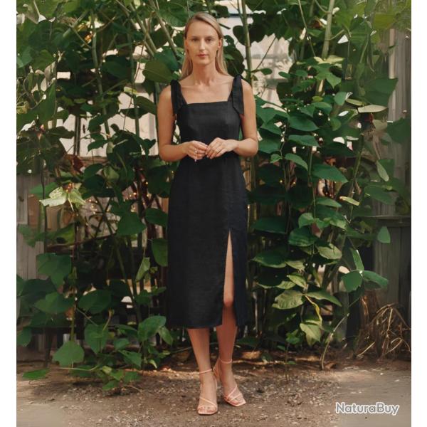 Robe longue dos nu  smocks en lin pour femme noir  M (mdium)