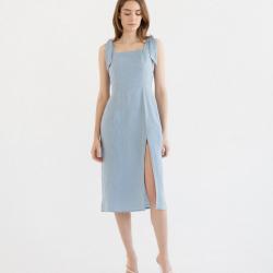 Robe longue dos nu à smocks en lin pour femme XS (extra small) bleu smoke