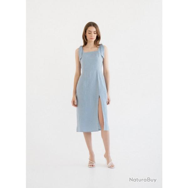 Robe longue dos nu  smocks en lin pour femme XL (extra large) bleu smoke