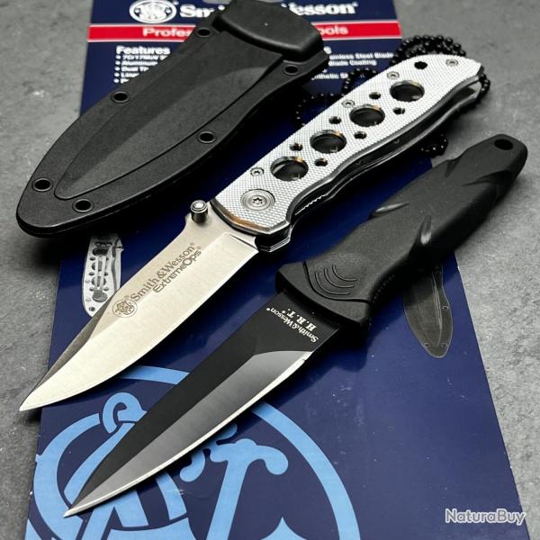 Set Couteaux Smith & Wesson Extreme Ops/HRT 1 Pliant & 1 Fixe Lame Acier 7Cr17MoV Manche TPR/Alumini