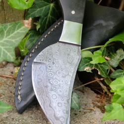 Couteau De Découpe Chasse Skinner Lame Acier Damas 256 Couches Manche Bois Etui Cuir Fabr Artisanale