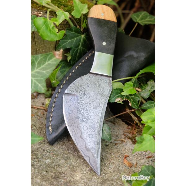 Couteau De Dcoupe Chasse Skinner Lame Acier Damas 256 Couches Manche Bois Etui Cuir Fabr Artisanale