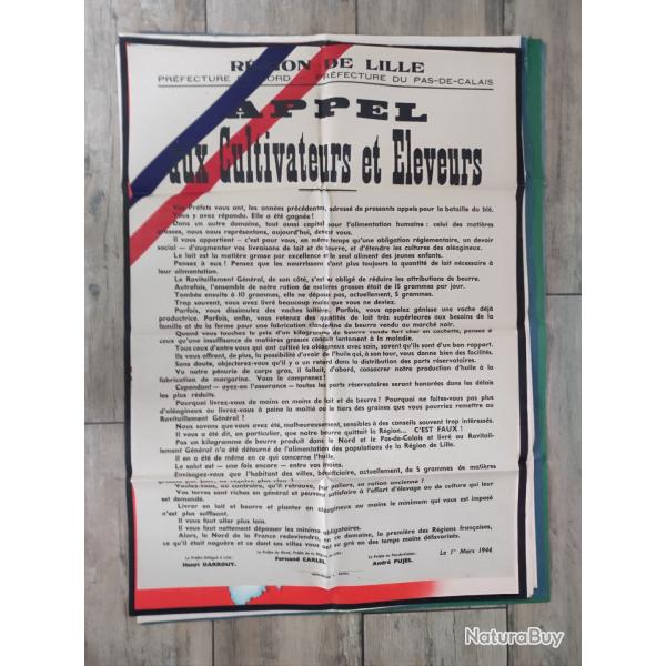 Affiche Appel aux cultivateurs et leveurs 1944