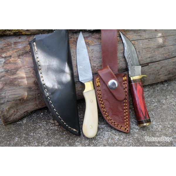 Lot de 2 Couteaux: Little Puukko Little Skinner Manche Os & Bois Lame Damas 256 Couches Etui Cuir