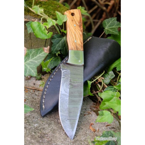 Couteau de Chasse Damas Lame Drop Point 256 Couches Manche Olivier Fabr Artisan Etui Simili Cuir