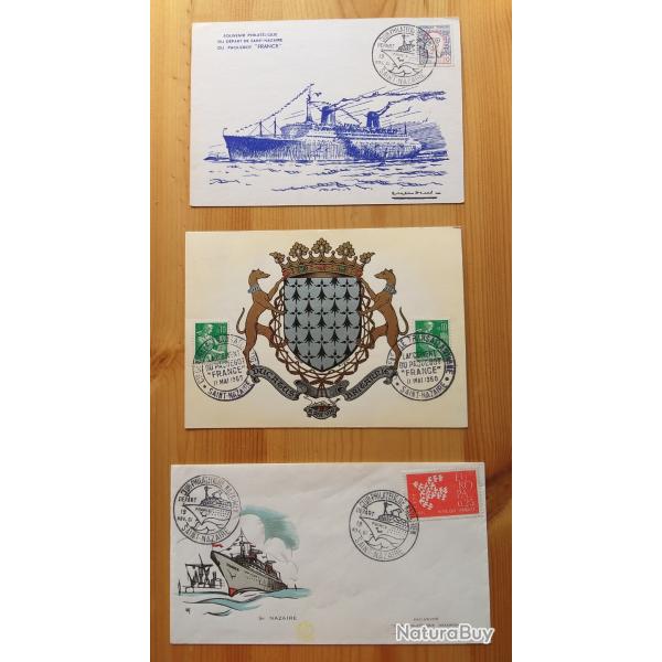 2 cartes postales et 1 enveloppe consacres au lancement du paquebot FRANCE