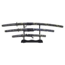 SET 3 KATANAS DECO LAME ACIER MOTIF SOIE BLEUE MOTIF OR