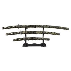 SET 3 KATANAS DECO LAME ACIER MOTIF SOIE NOIRE MOTIF OR