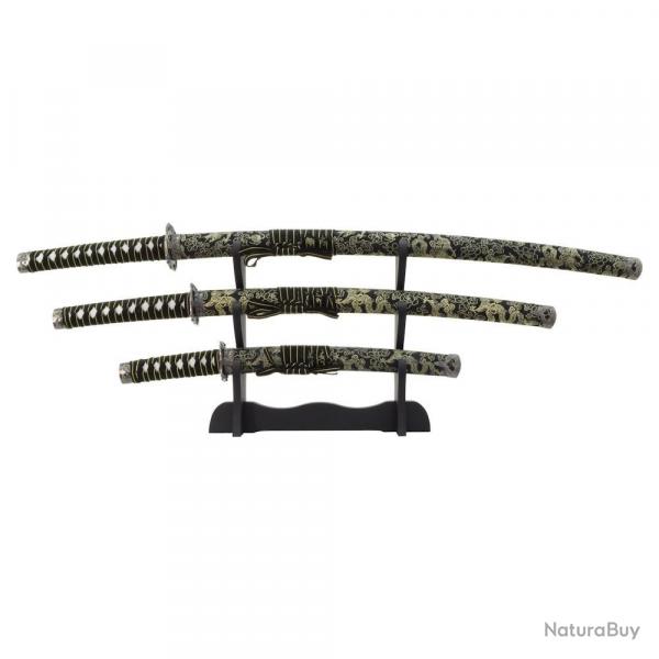 SET 3 KATANAS DECO LAME ACIER MOTIF SOIE NOIRE MOTIF OR