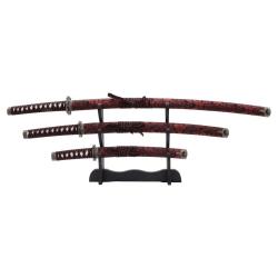 SET 3 KATANAS DECO LAME ACIER MOTIF SOIE NOIRE MOTIF ROUGE