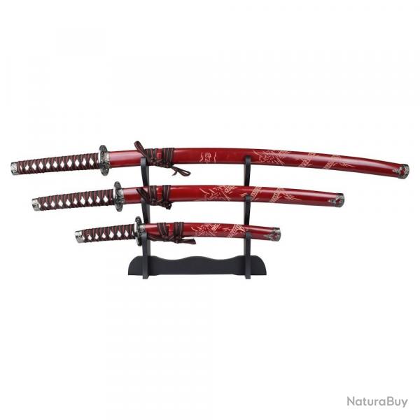 SET KATANA-WAKIZASHI-TANTO LAME ACIER DECO ROUGE MOTIF DRAGON