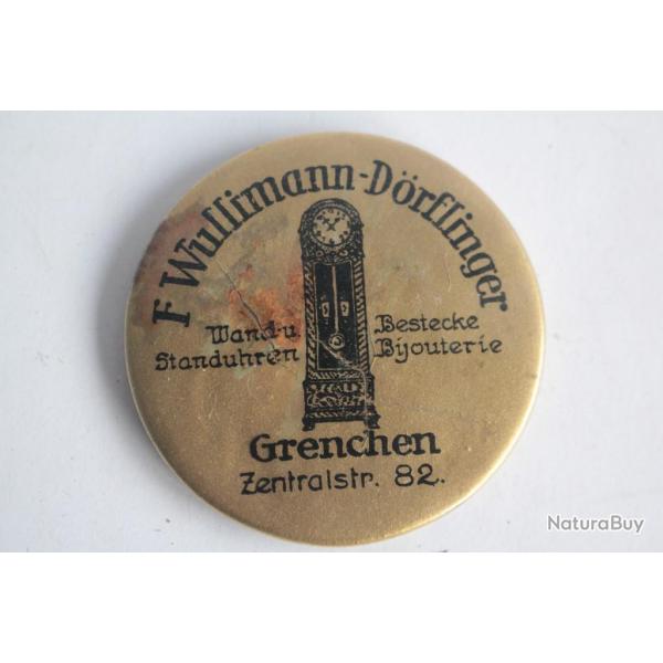 Miroir de poche publicitaire Horloger F. Wullimann-Drflinger Grenchen
