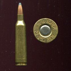 .22-250 REMINGTON - marquage : WW-SUPER 22-250 REM - balle cuivre pointe plomb - étui laiton