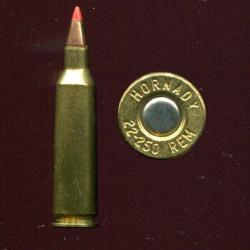 .22-250 REMINGTON - marquage : HORNADY  22-250 REM - balle cuivre pointe orange - étui laiton