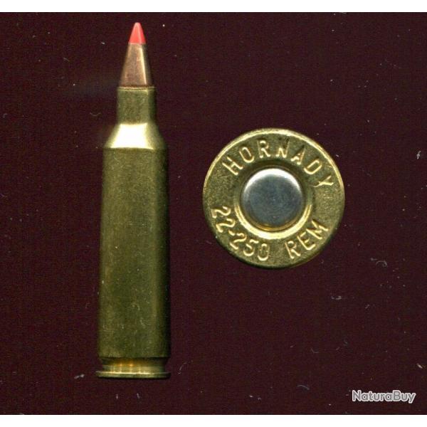 .22-250 REMINGTON - marquage : HORNADY  22-250 REM - balle cuivre pointe orange - tui laiton