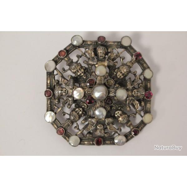 Broche Angelots argent grenats nacre XIXe sicle Bijoux