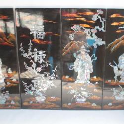 Set 4 Plaques murale Asie bois laqué nacre FU LU Shou buddha
