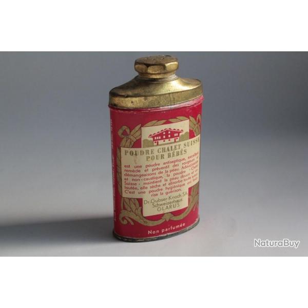 Ancienne bote publicitaire Talc poudre chalet Suisse pour bbs Glarus