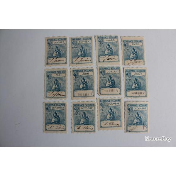 12 Vignettes Assurance scolaire 1926 complet
