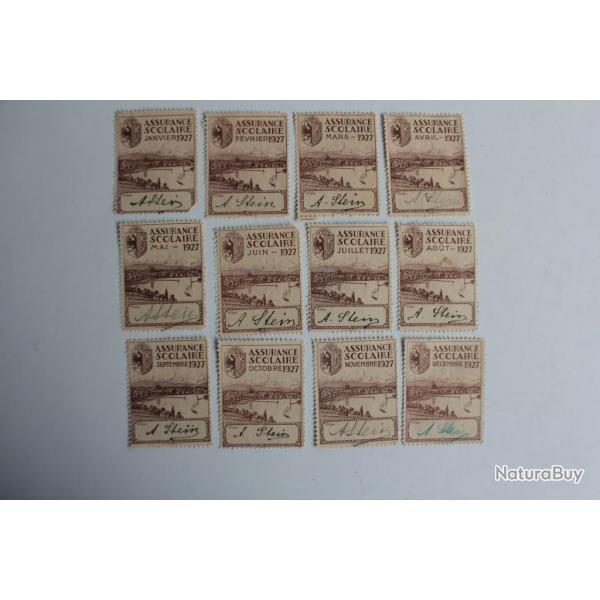12 Vignettes Assurance scolaire 1927 complet