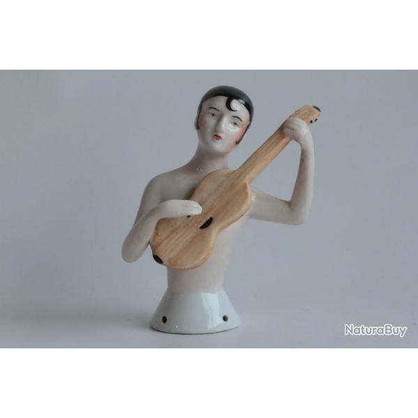 Demi figurine porcelaine Pierrette mandoline Half Doll Pincushion