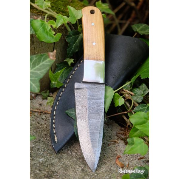 Couteau de Chasse Lame Drop Point Acier Damas 256 Couches Manche Olivier Fabr Artisanale Etui Cuir