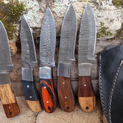 LOT DE 5 Couteau Skinner Damas Lame Acier 256 Couches Manche Bois Etui Simili Cuir Fabr Artisanale B