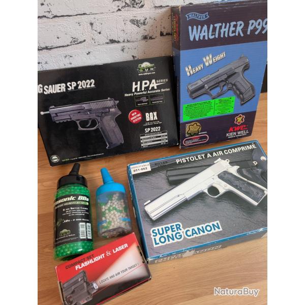 Lot de 3 pistolets  billes , lampe/laser , billes