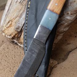 Couteau Tanto Damas Lame 256 Couches Manche Os & Bois Fabrication Artisanale Etui Simili Cuir
