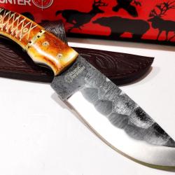 Couteau Skinner Survie Chasse American Hunter Lame Acier Carbone 1055 Martelée Manche Os Etui Cuir
