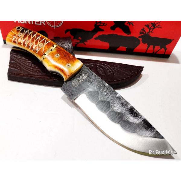Couteau Skinner Survie Chasse American Hunter Lame Acier Carbone 1055 Martele Manche Os Etui Cuir