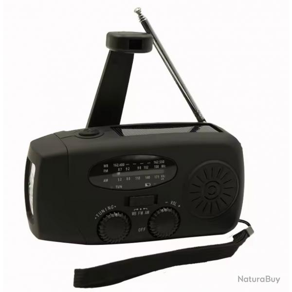 Radio Mto Multifonctionnelle Solaire  Manivelle FM AM WB NOAA 2000mAh Lampe de Poche Noir