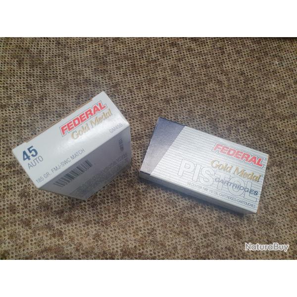 lot de 2 boites soit 100 cartouches FEDERAL de calibre 45 ACP  balle FMJ SEMI WADCUTTER de 185 gr