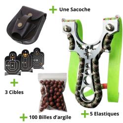 Lance-Pierre en Métal Phoenix Camouflage + 100 Billes d'Argiles + 5 élastiques + Sacoche + 3 Cibles