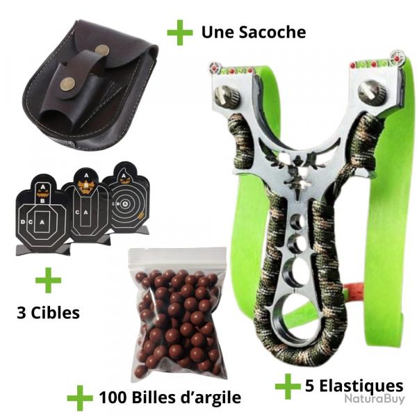Lance-Pierre en Mtal Phoenix Camouflage + 100 Billes d'Argiles + 5 lastiques + Sacoche + 3 Cibles