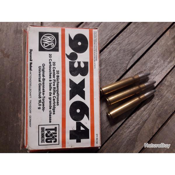 Une bote de 20 munitions calibre 9,3 x64 de marque RWS 19 g