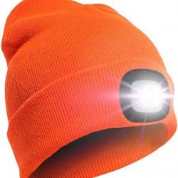 BONNET CHAUD AVEC LAMPE FRONTALE RECHARGEABLE - ORANGE - LIVRAISON GRATUITE