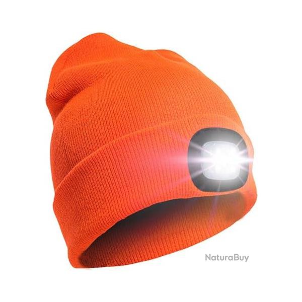 BONNET CHAUD + LAMPE FRONTALE USB - ORANGE - LIVRAISON GRATUITE
