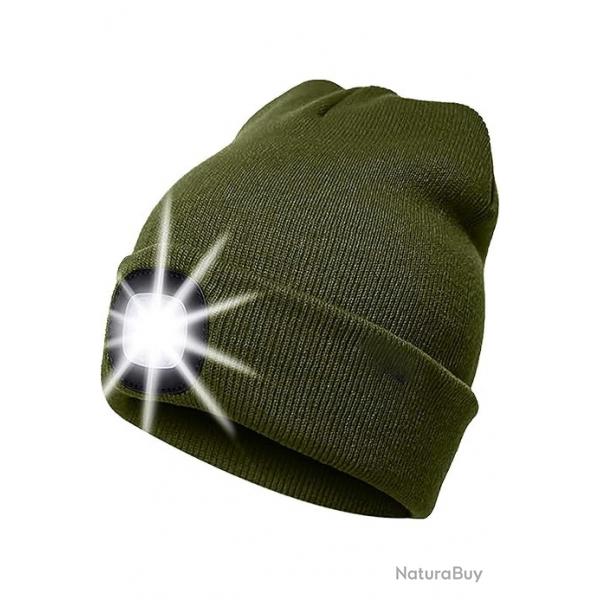 BONNET CHAUD + LAMPE FRONTALE USB - VERT ARME- LIVRAISON GRATUITE