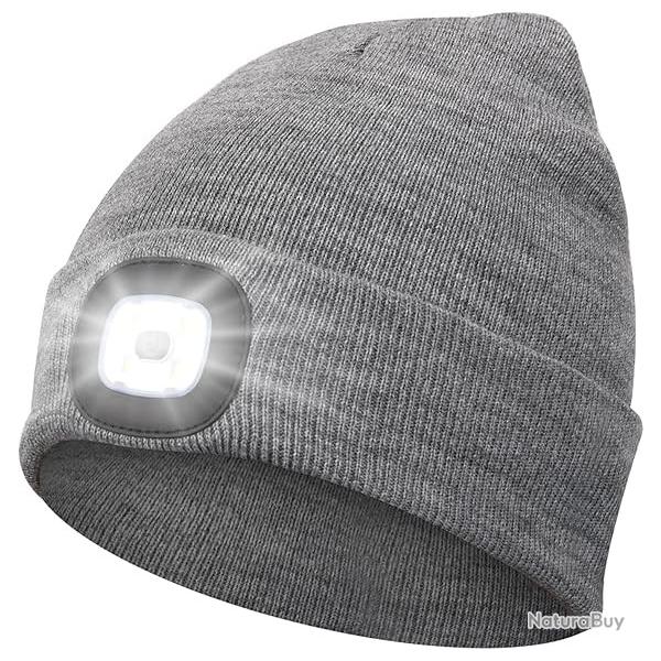 BONNET CHAUD AVEC LAMPE FRONTALE RECHARGEABLE - GRIS - LIVRAISON GRATUITE