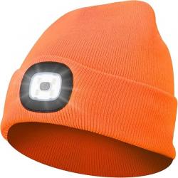 BONNET CHAUD AVEC LAMPE FRONTALE RECHARGEABLE - ORANGE - LIVRAISON GRATUITE